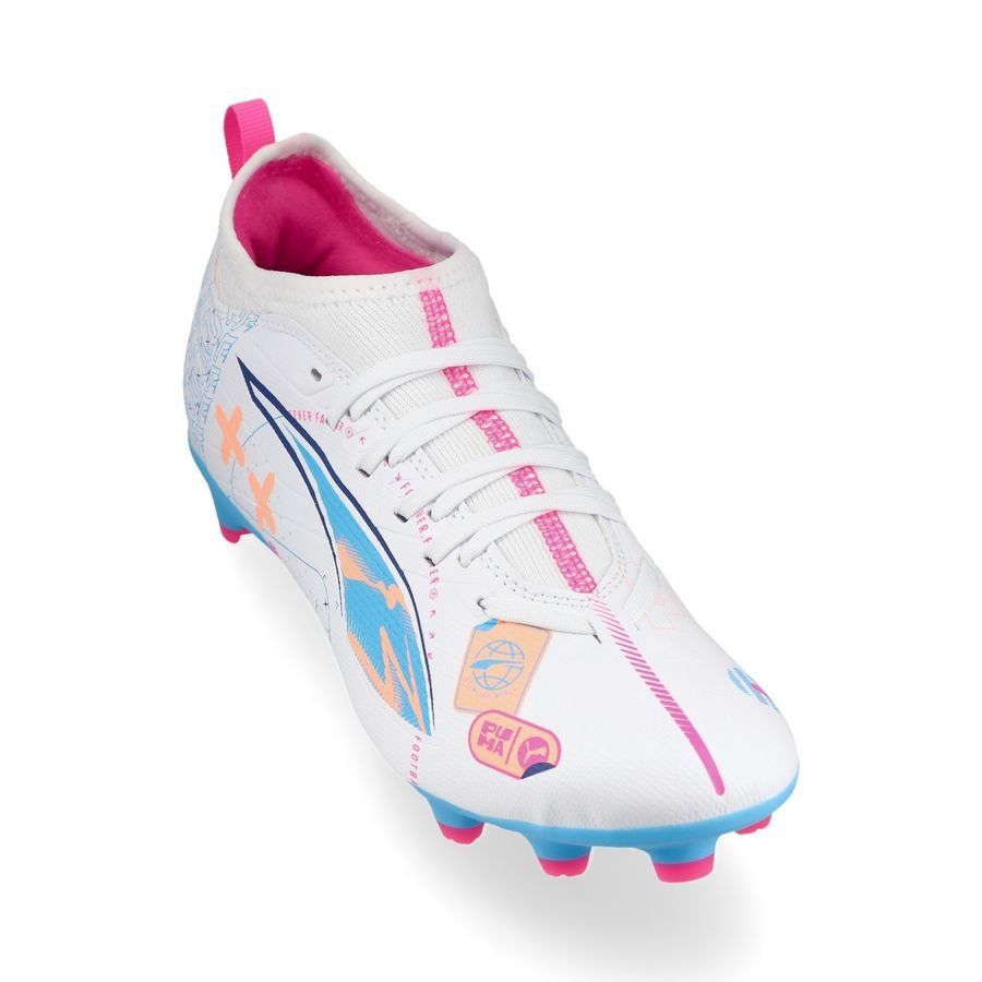 PUMA Ultra 5 Match FG/AG Volume Up - Blanc/Bleu/Poison Pink/Fizzy Melon Enfant
