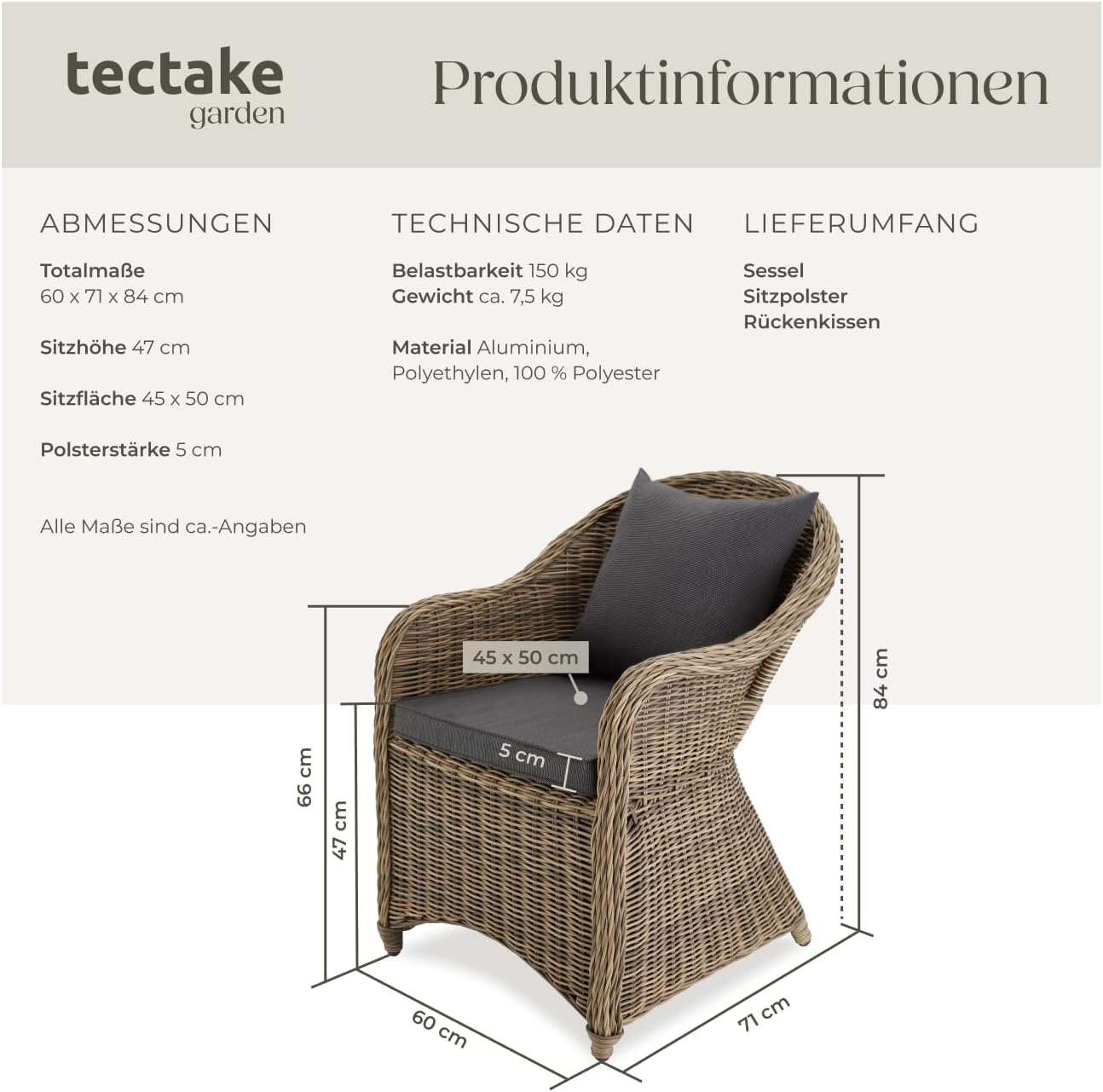 tectake® Rattan Stuhl, Garten Sessel, Outdoor Korbsessel mit Rücken- und Sitzkissen, Möbel wetterfest, Gartenmöbel, Balkonmöbel, Wintergarten - Natur