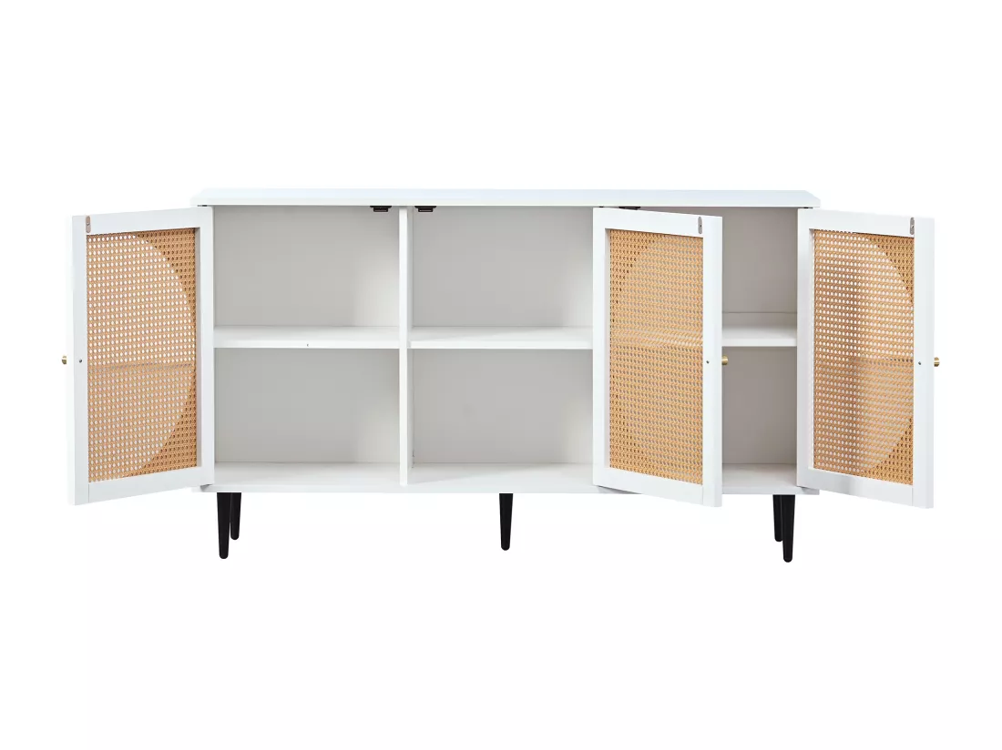 Buffet effet bois noyer avec 3 portes en rotin poignées pieds dorés 129,8x40x76cm OMOILL
