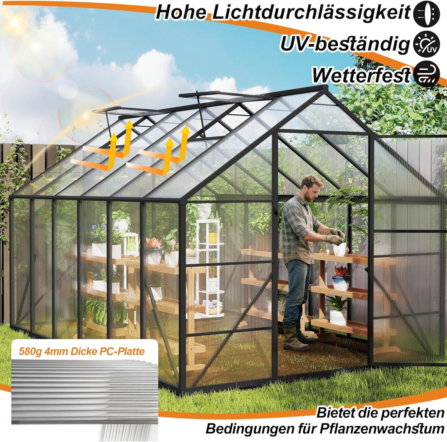 Gewächshaus Aluminium mit Fundament & Dachfenster Tomatenhaus wetterfest rostfrei Treibhaus Anzuchthaus temperaturbeständig Frühbeet Pflanzenhaus für Tomaten, Gemüse & Pflanzen - 380x250x205cm