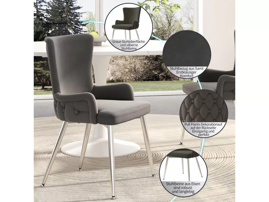 Lot de 6 chaises en velours, avec 4 pieds métallique, charge max 120kg, 55x48x84cm, Gris