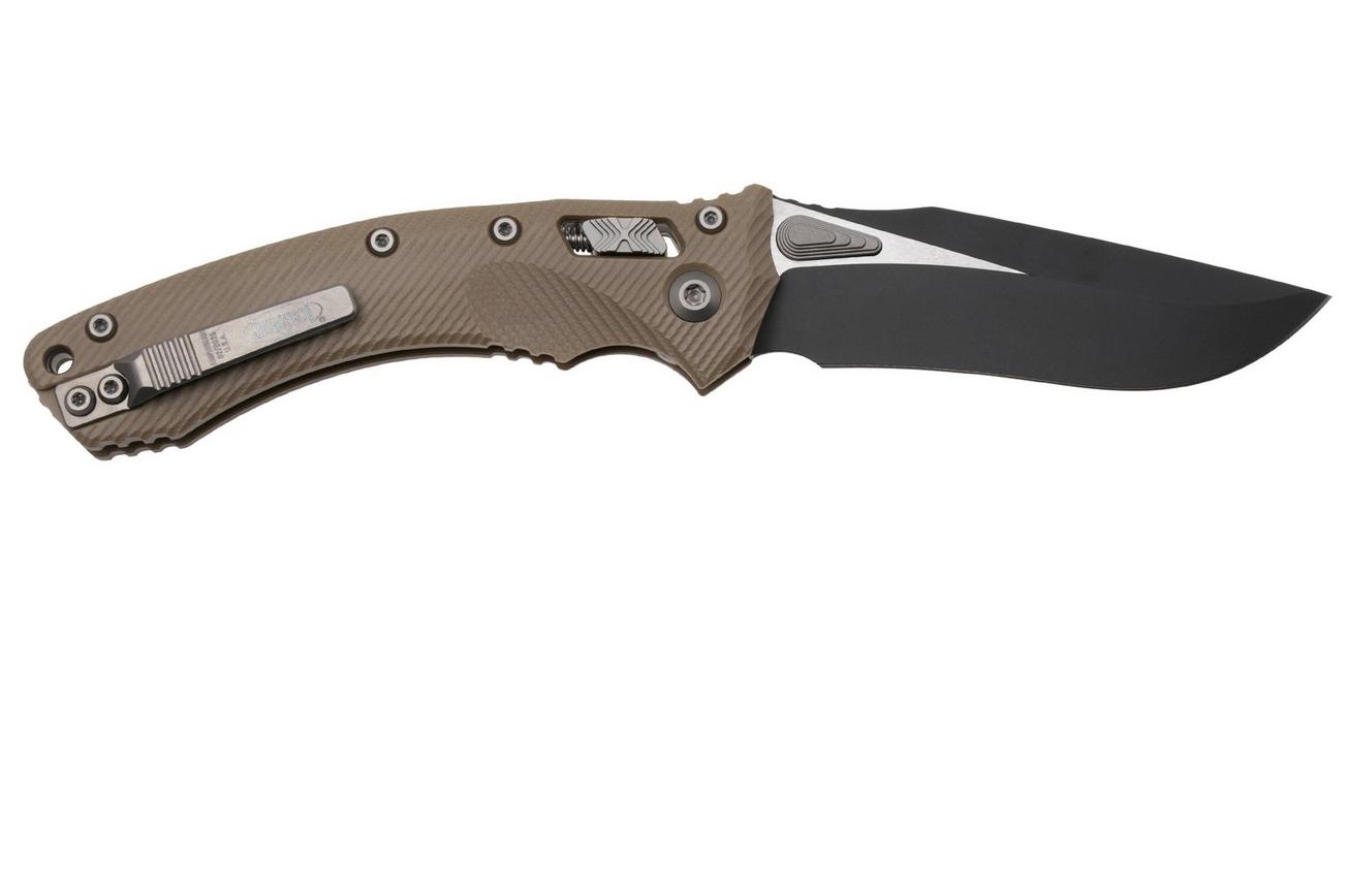 Microtech Amphibian 137RL-1FLGTTA, Two Tone Black M390MK, Fluted Tan G-10 zakmes
