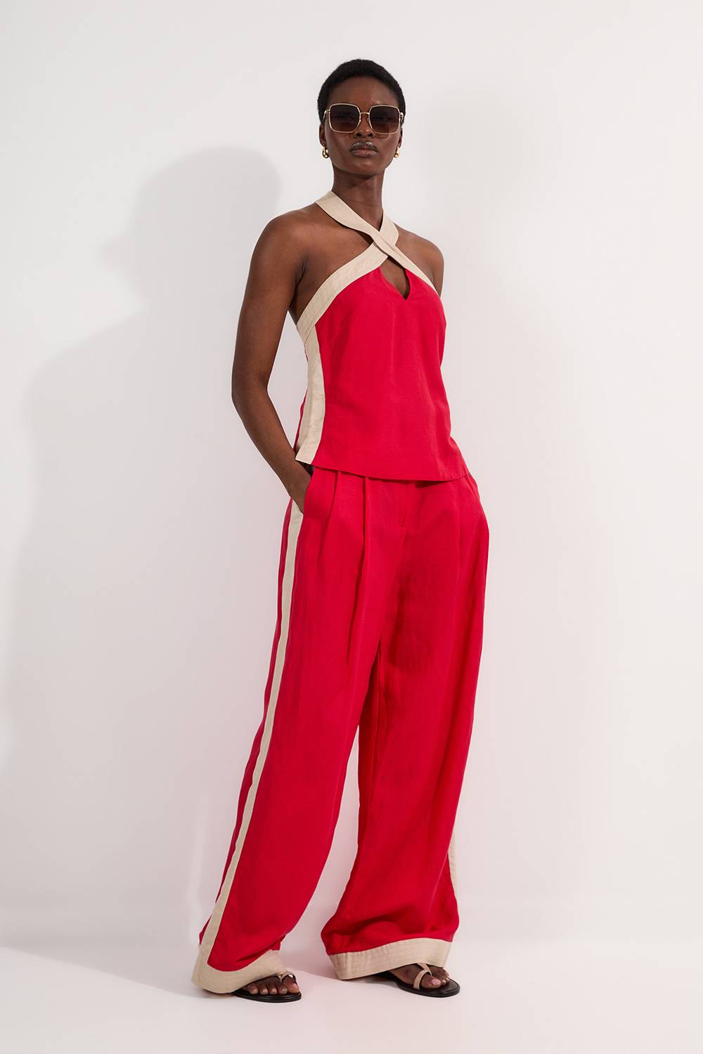 KarenMillen Pantalon Tissé en Lin Viscose à Blocs de Couleur