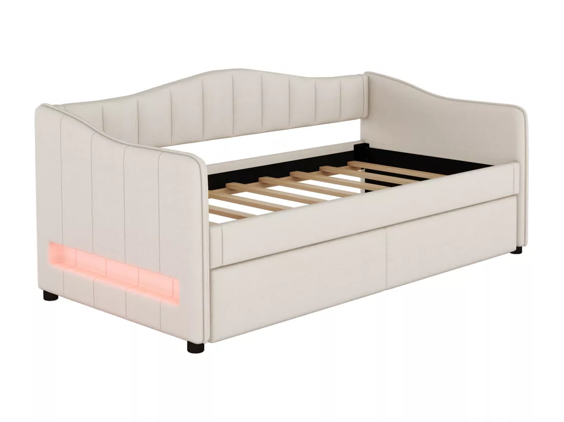 Lit banquette 90x200cm avec LED + lit gigogne 90x190cm - rembourré en tissu lin - Beige (matelas non inclus)