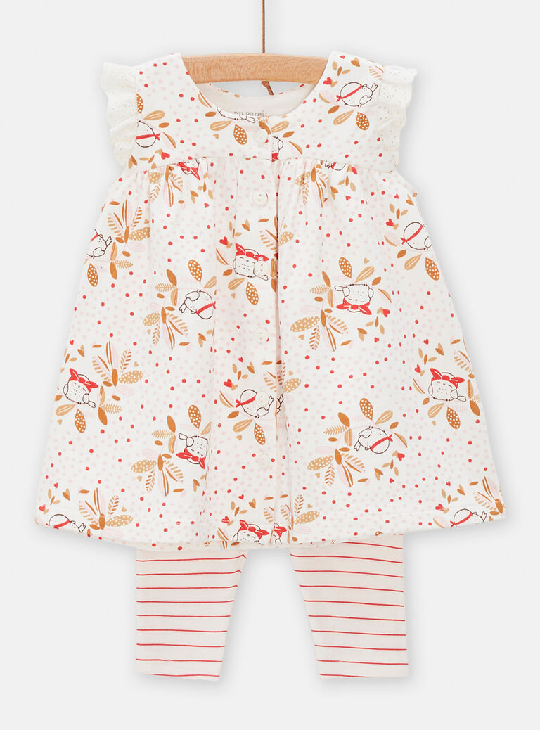 Ensemble robe imprimé moineaux et legging rayé rouge