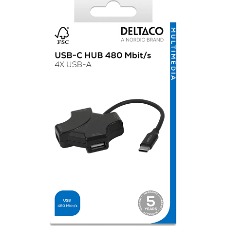 Deltaco USB-C hub 4-port - sort