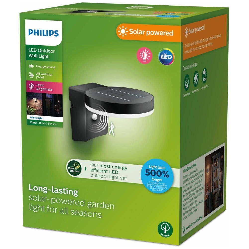 LED Solar Wandlamp Zonal in Zwart en Wit 1,3W 250lm IP44 met Bewegingsmelder en Schemersensor, Rond
