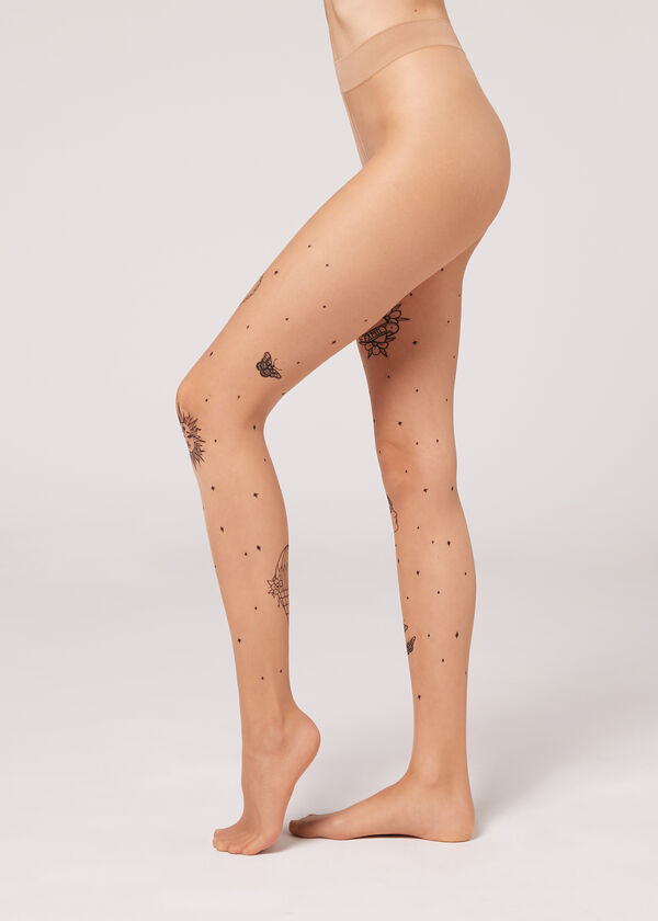 Meia-calça transparente 20 denier com estampa de tatuagem old school