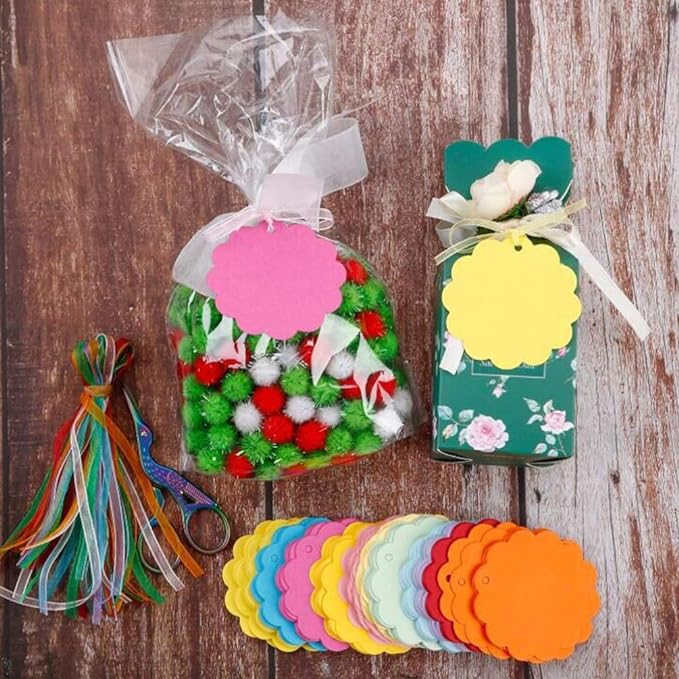 (200er Set) Ø60mm Kraftpapier Geschenk Anhänger Wellenrand Bastel Etiketten   Schnur - Assortiert