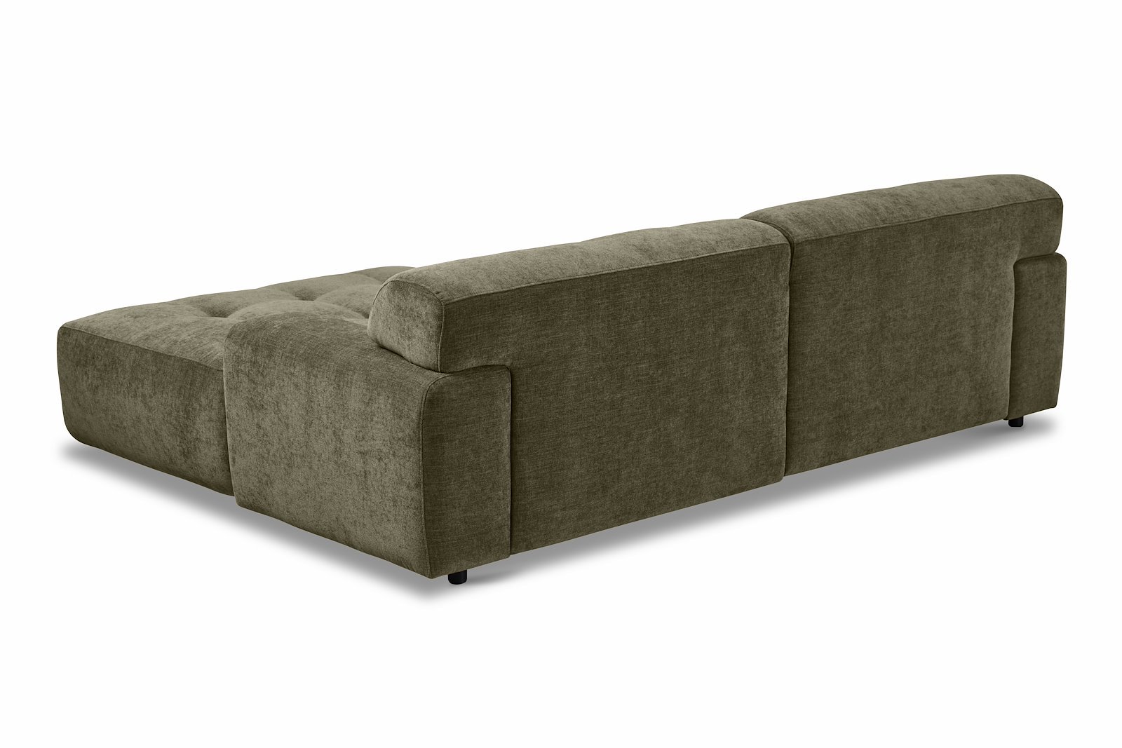 Bob sofa 1,5-seter med sjeselong venstre. Tekstil City 34 Dark Moss Green med sorte ben.