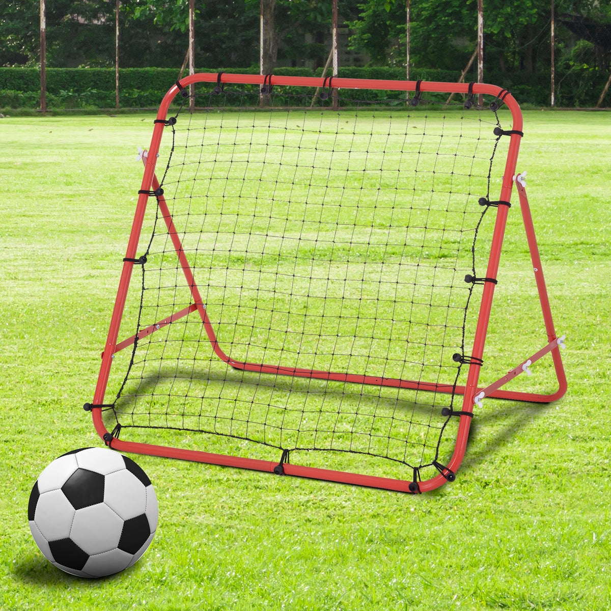 HOMCOM Voetbalrebounder, Kickbackdoel, Verstelbare hoek, 96 x 80 x 96 cm, Metalen buis, PE-stof, Rood + Zwart