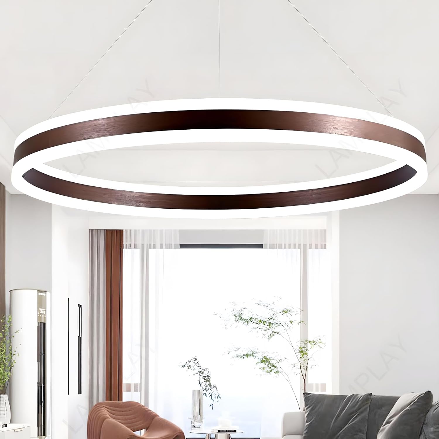 Runde Moderne LED-Pendelleuchte, 1 Braun Ring-Kronleuchter, Dimmbar Mit Fernbedienung 3000K-6000K Deckenleuchte, Höhenverstellbar, Foyer, Wohnzimmer, Schlafzimmer, Esszimmer(Ø100cm)