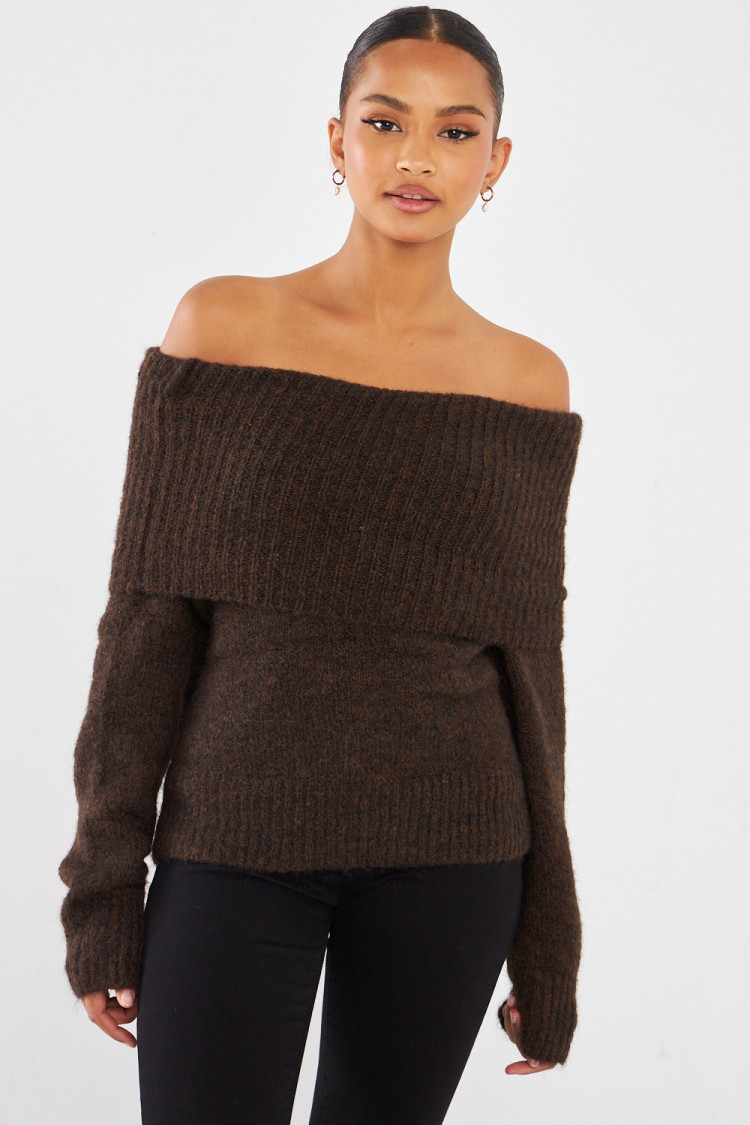 Pull col bateau en laine marron