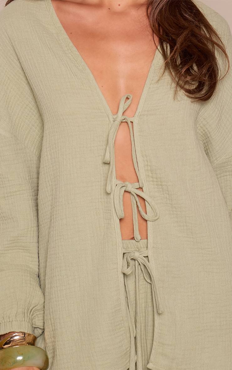 Vert Sauge Ensemble Chemise Texturée En Étamine À Nouer Devant