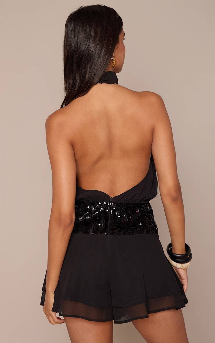 Noir Combi-short Fluide En Mousseline À Sequins Et Col Licou