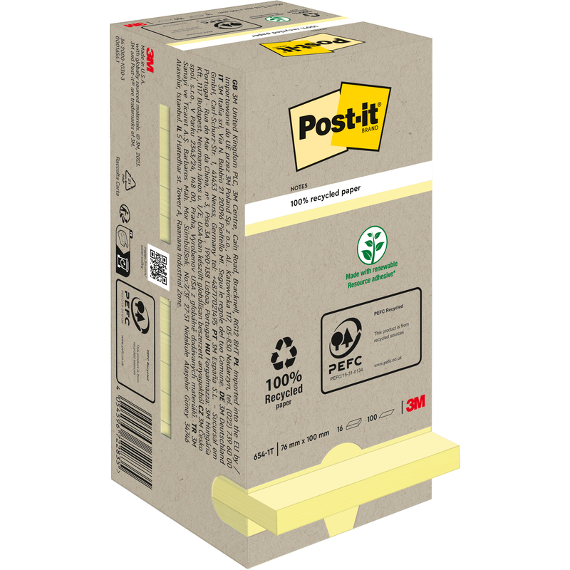 Post-it Haftnotizen Recycling, 76 x 76 mm, 16 x 100 Blatt