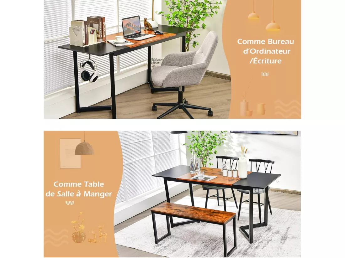 Bureau d'Ordinateur 160 x 60 cm, Table, Poste de Travail, Cadre en Métal, Crochet pour Casque, Style Industriel, Facile à Assembler, pour Bureau, Chambre, Salon, Marron Rustique