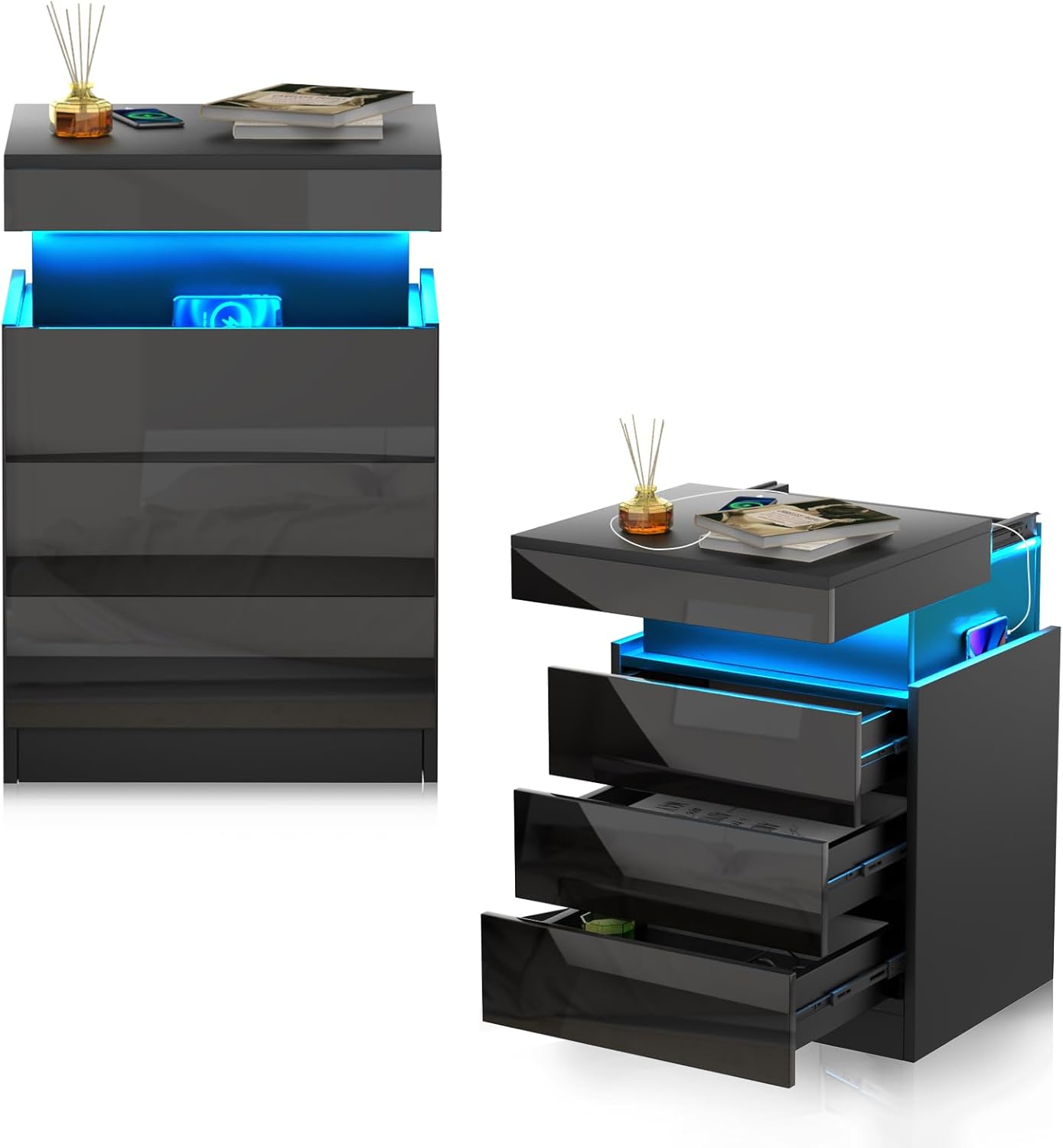 Nachttisch Schwarz 2er Set, Nachtschrank mit Led Licht und Steckdose, Nachtkommode mit 3 Schubladen und Versteckte Schiebeschränke für Wohnzimmer, Schlafzimmer (45x40x67cm)