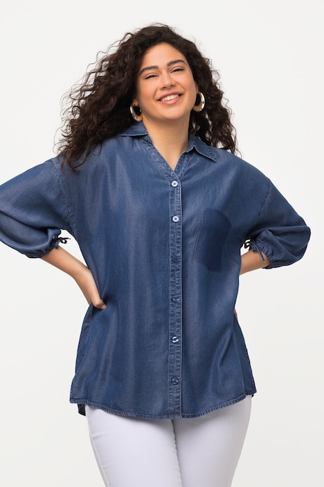 Lyocell-Hemdbluse, Jeansoptik, V-Ausschnitt, 3/4-Arm