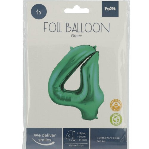 Cijferballon vier - metallic matgroen - 86 cm