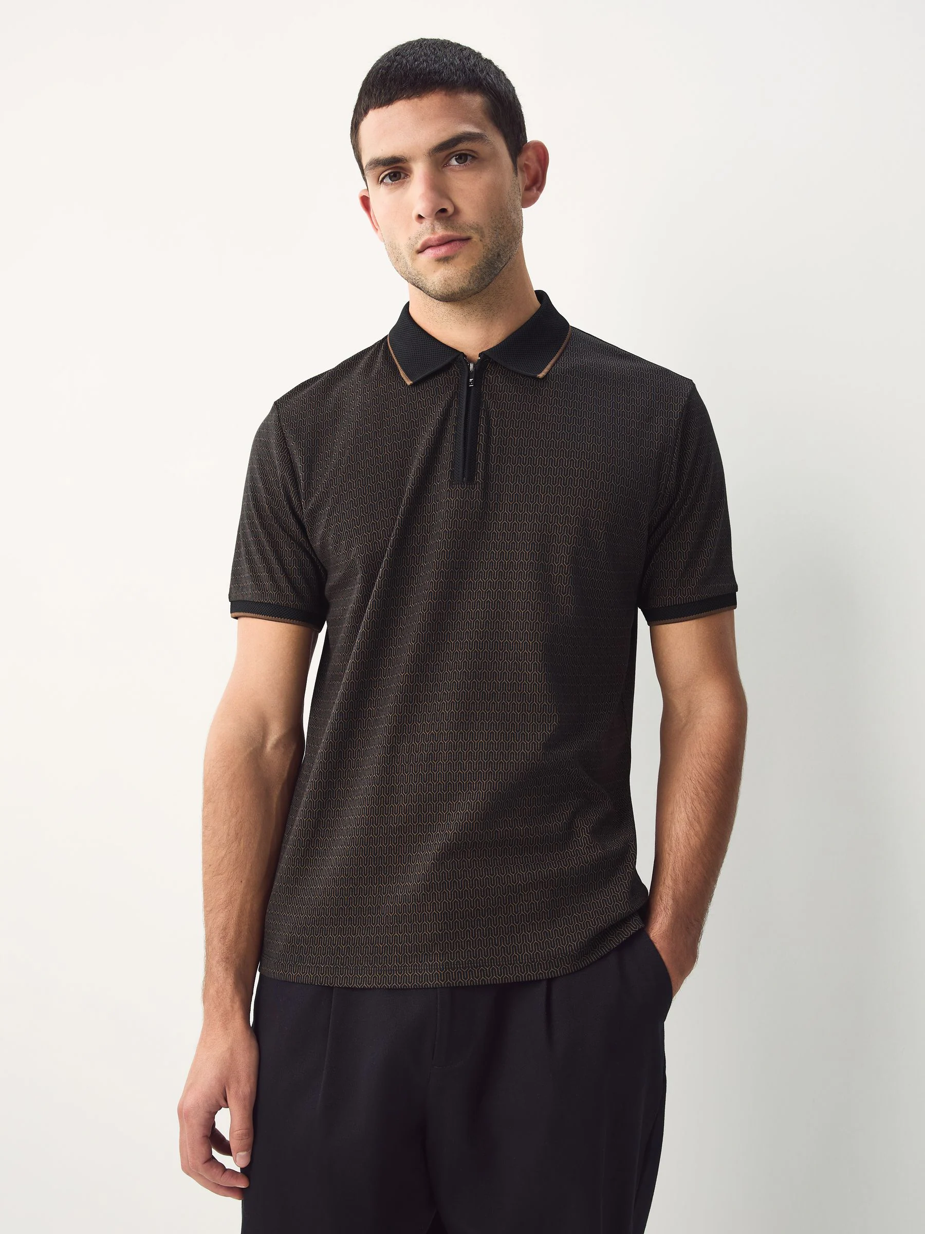 Zwart - Pattern Quarter Zip Polo Shirt