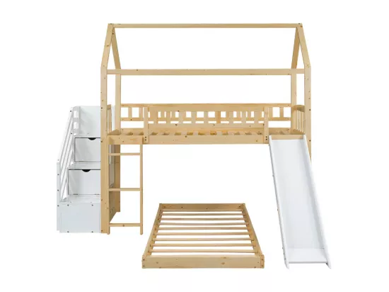 Lit superposé cabane enfant 2x90x200cm - avec escalier de rangement et escalier angulaire - toboggan - lit inférieur amovible - Blanc