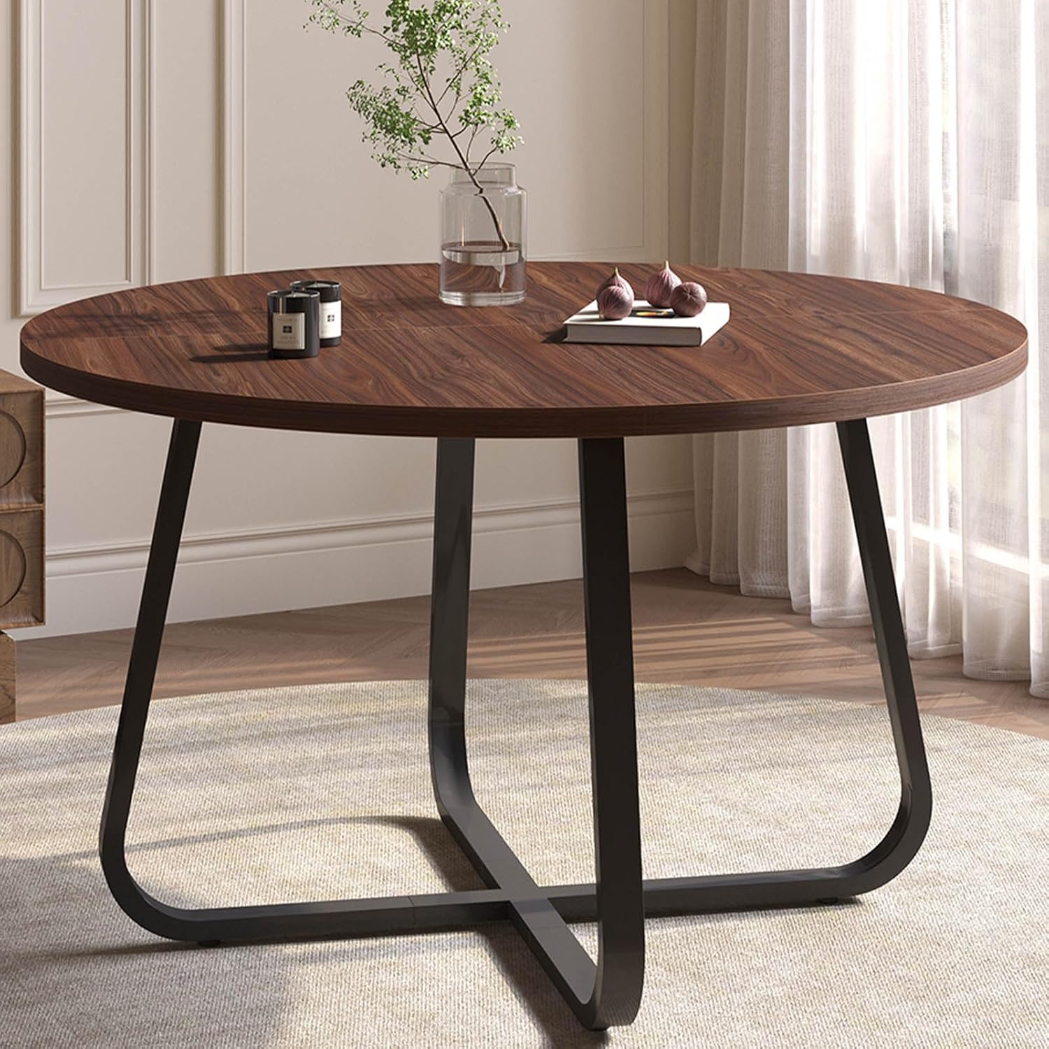 LVB Runder Esstisch, Moderne Küchentische aus Holz, Metall, industrieller Kleiner Esszimmertisch für 4 bis 6 Personen, Kreis, Kaffee-Esszimmertische für Zuhause, Küche, Wohnzimmer, Walnuss, 130 cm YB7735615