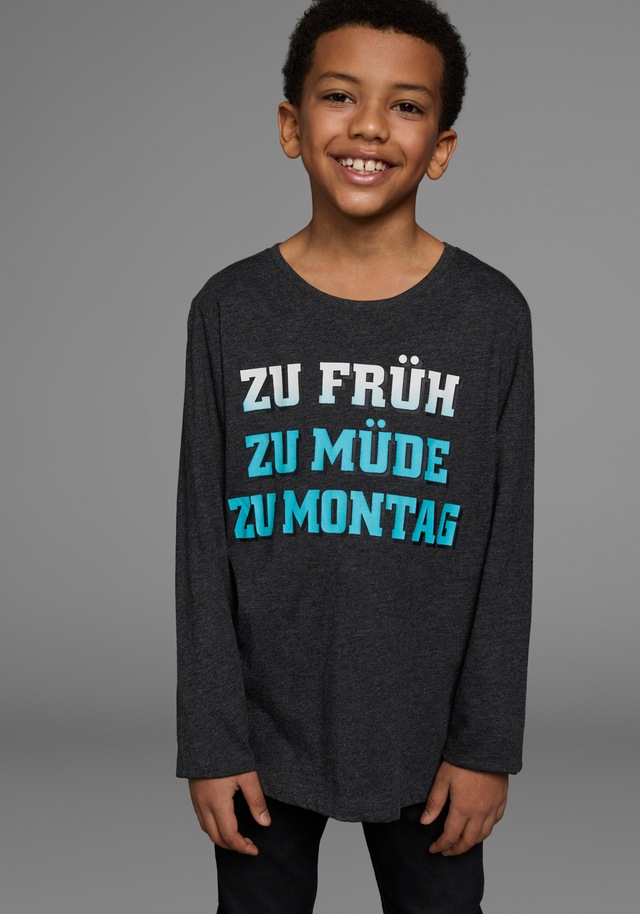 KIDSWORLD Langarmshirt »ZU FRÜH, ZU MÜDE, ZU MONTAG« Langarm,  Basic-Passform,  mit stylischem Druck,  Rundhalsausschnitt