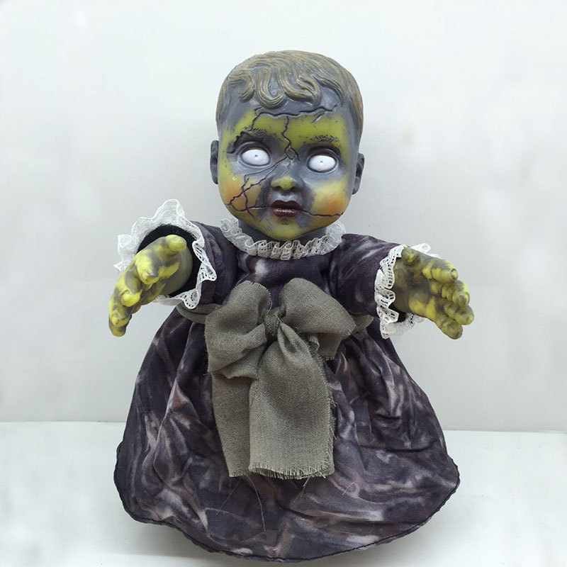(28cm) Halloween Horror Puppe Party Deko Laufende Babypuppe mit Grusel Musik / Licht (Batteriebetrieben) - Grau / Violett
