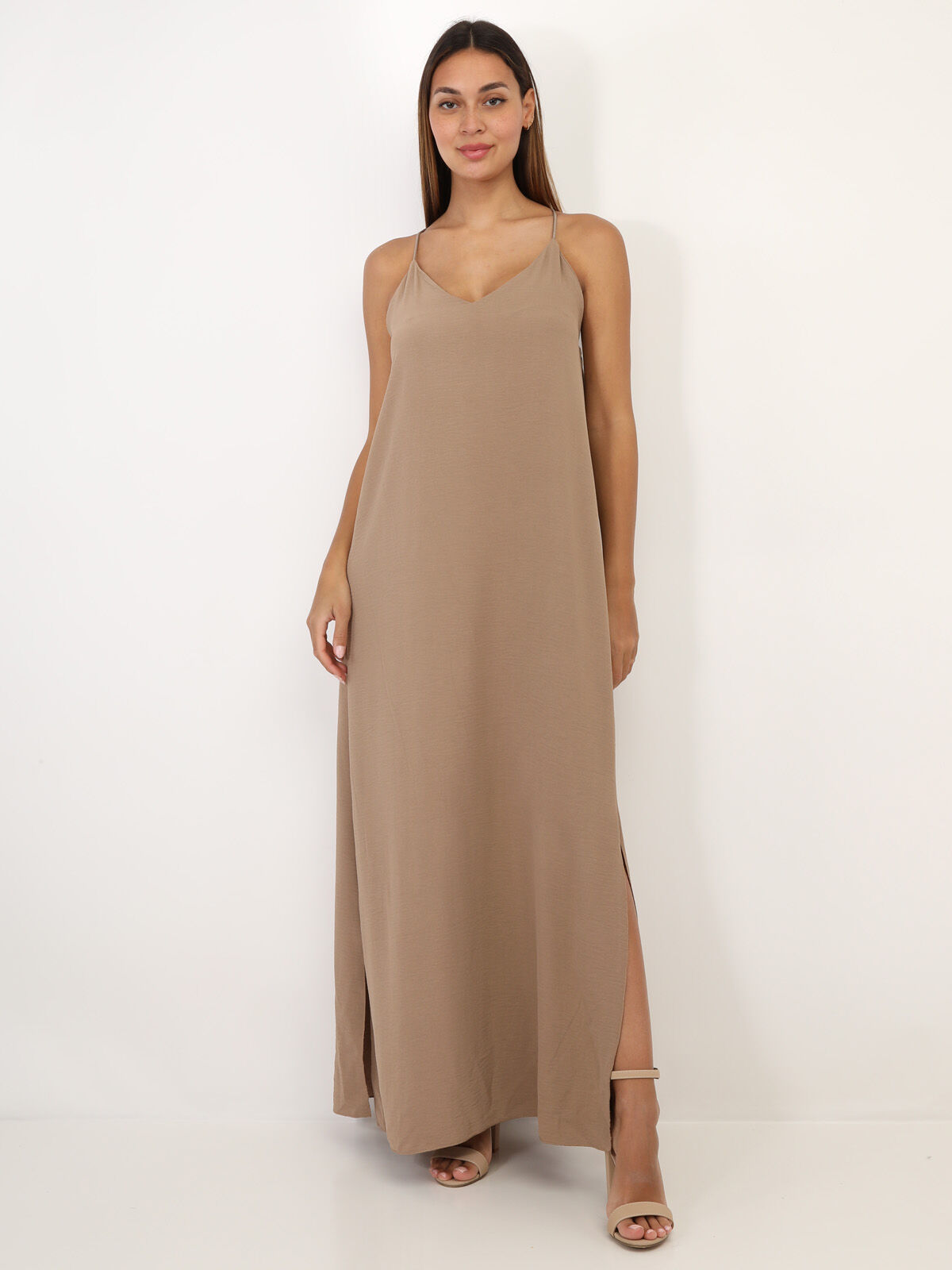 Robe longue fendue à dos croisé- Camel