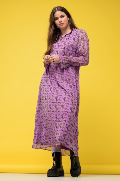 Maxikleid, A-Line, Chiffon, Tiger-Print, Volants, Rüschenkragen, Langarm