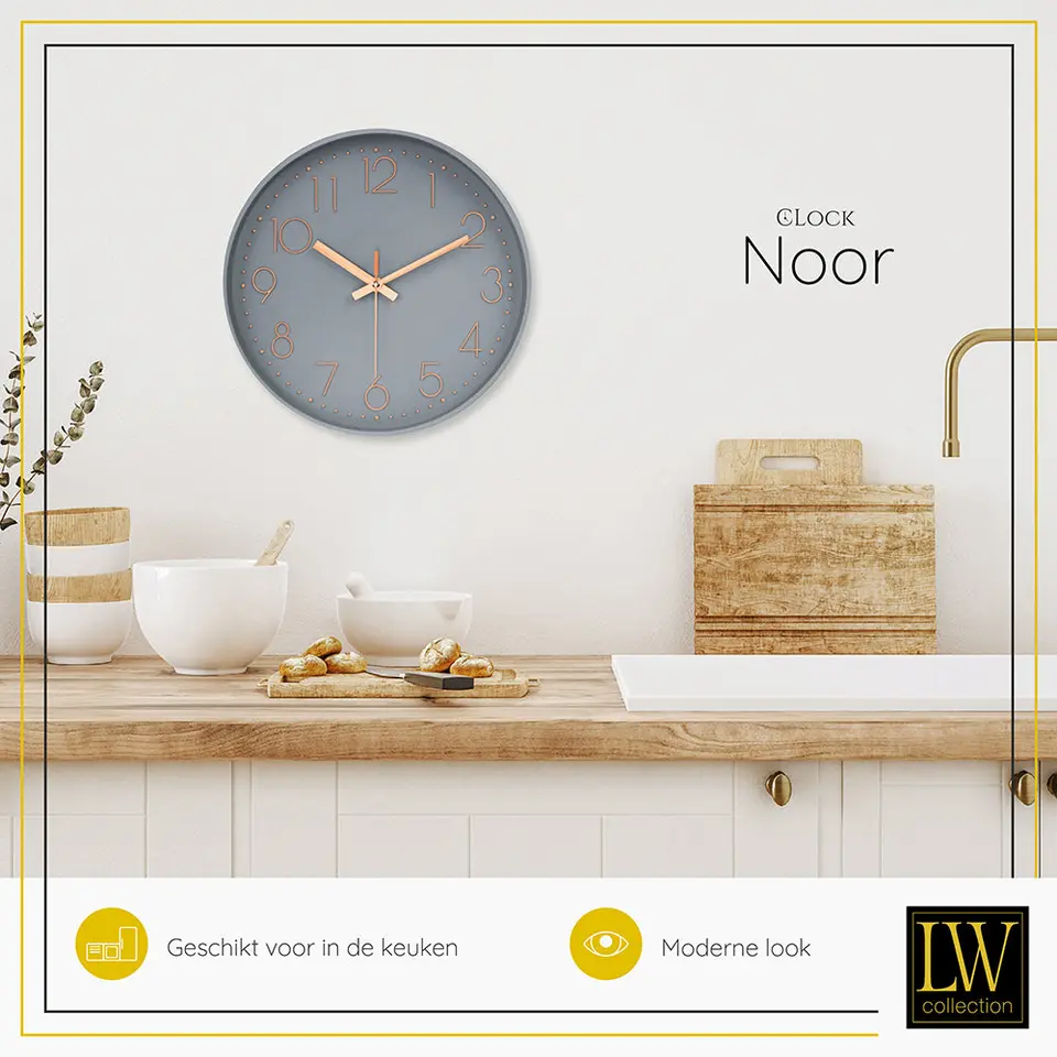 LW Collection Keukenklok Noor Grijs 30cm