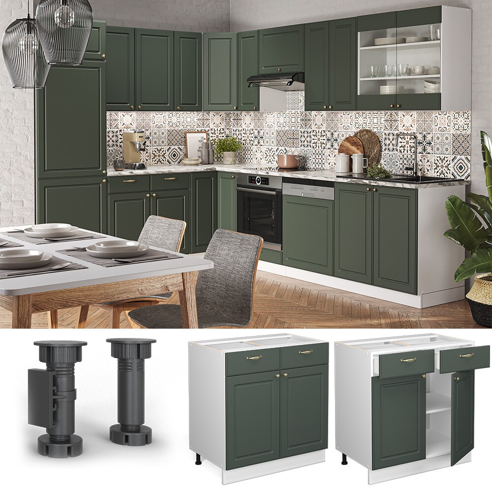 Vicco Schubunterschrank Küchenschrank Küchenmöbel Fame-Line Weiß Grün-Gold Landhaus 80 cm Küche Einbauküche Drehtür Schublade Einlegeboden Blende Küchenzeile