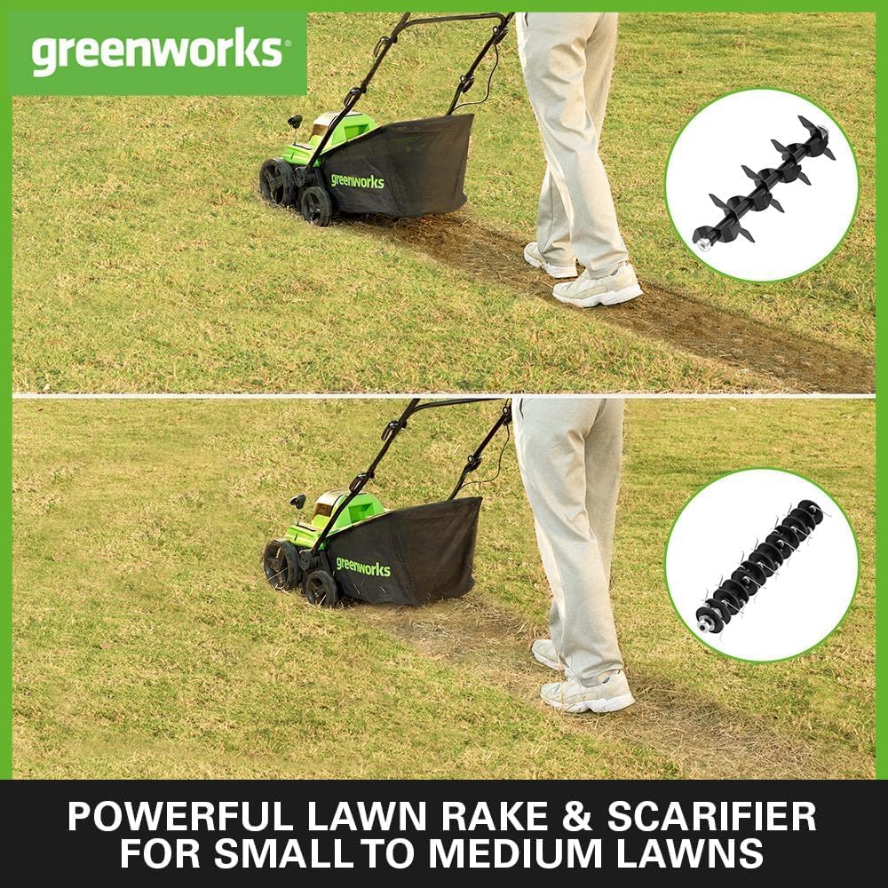 Greenworks 40V Akku Vertikutierer und Rasenharke mit bürstenlosem Motor, 3100 U/min, 38 cm Arbeitsbreite, 5 Tiefen, 45 L Auffangbehälter OHNE Akku & Ladegerät, 3 Jahre Garantie GD40SC38II
