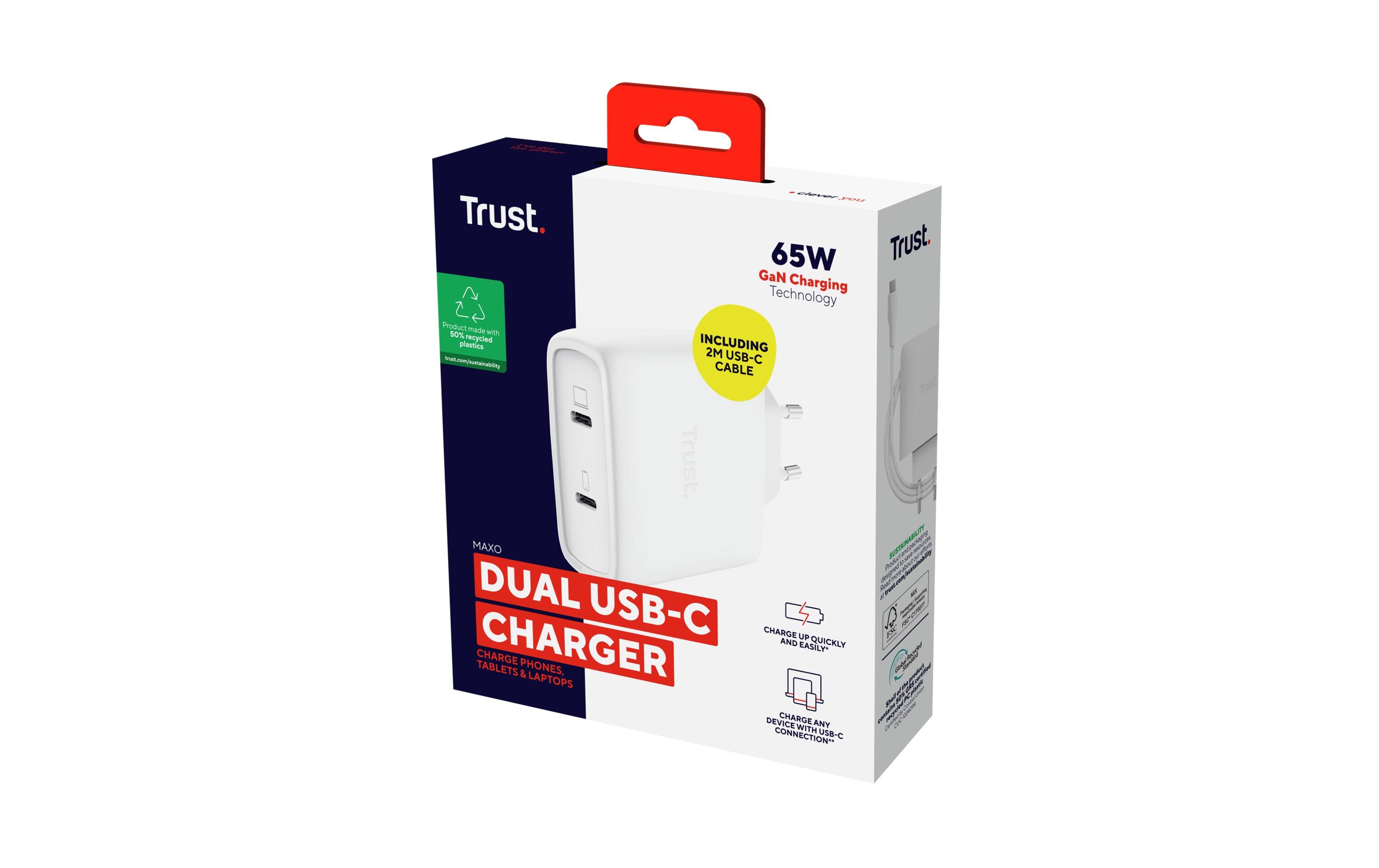 Maxo USB-C-GaN 65 W mit 2 Anschlüssen Weiss65 W USB‑C-GaN-Ladegerät mit 2 Ausgängen