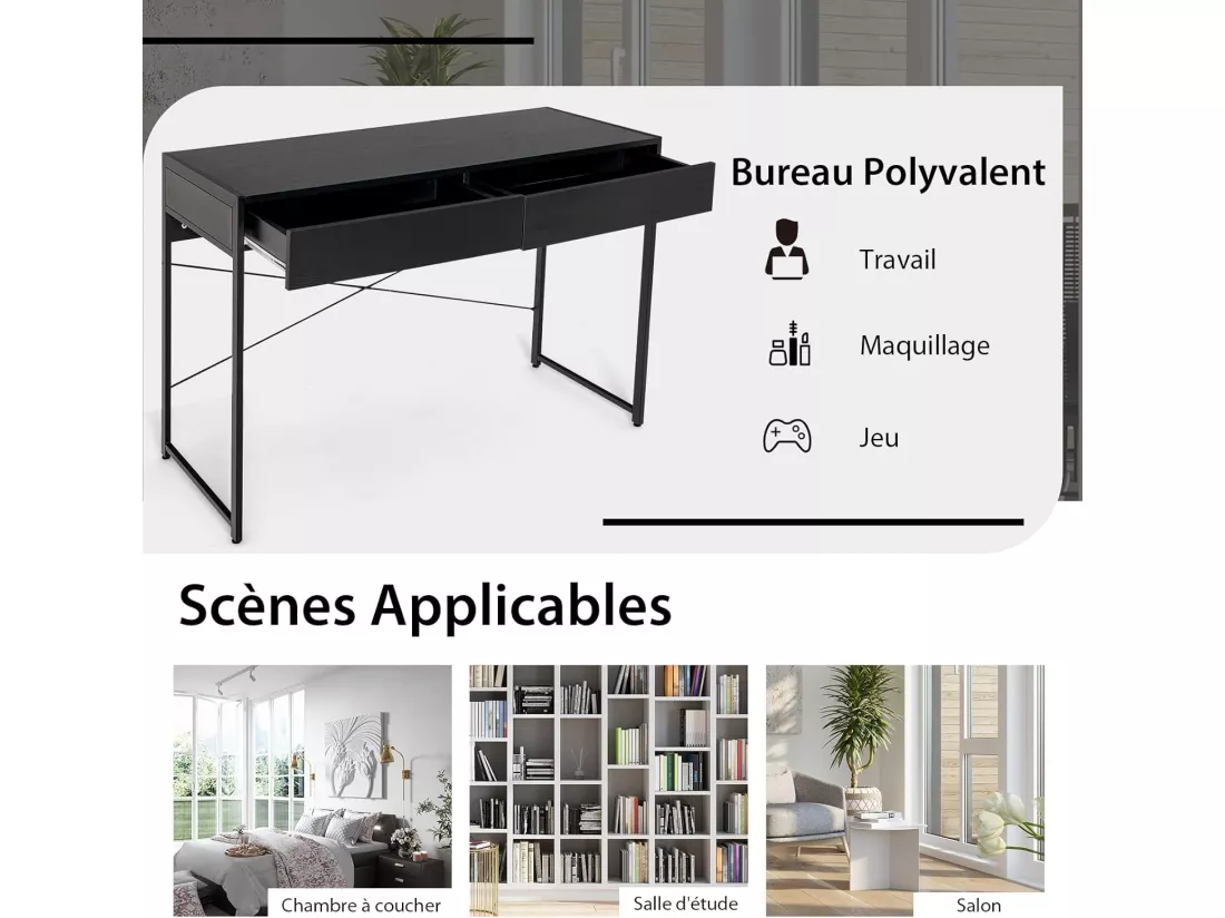 Bureau d'Ordinateur avec 2 Tiroirs et Structure en X, Table Informatique Structure Solide et Durable 112x48x76cm (Noir)