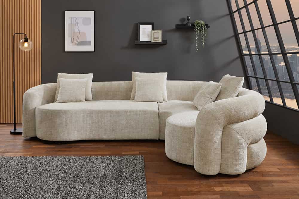 Retro Wohnlandschaft VOGUE 290cm beige Chenille XXL-Sofa organische Form inkl. Kissen