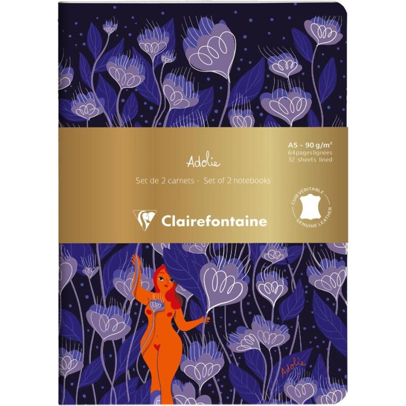 Adolie, Set de 2 carnets cousu fil A5 14,8x21 cm, 64 pages, ligné. Bloom. 1 carnet couverture cuir + 1 carnet couverture carte imprimée, ass.