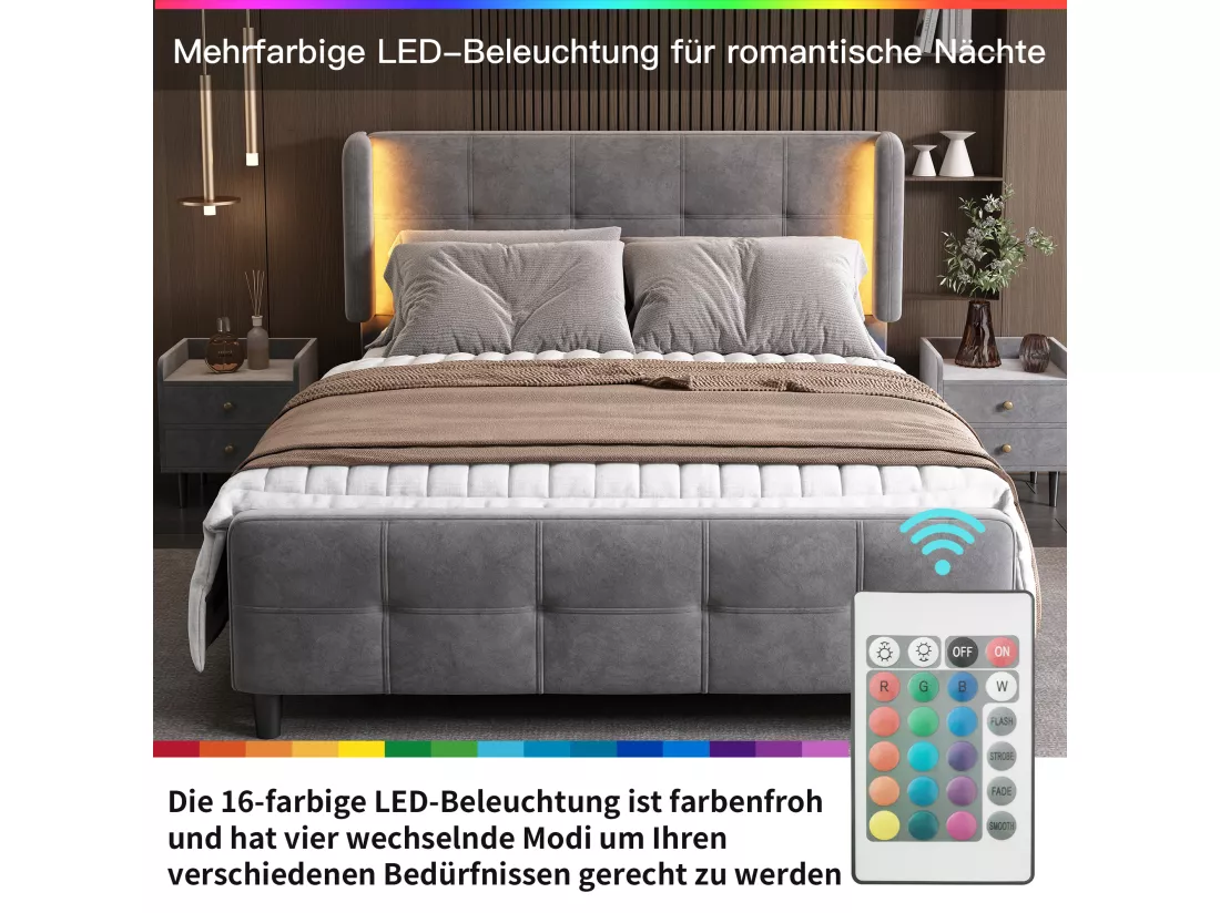 Ensemble lit 140 x 200 cm - tissu velours - table de chevet + bout de lit - sommier à lattes - coloris : gris