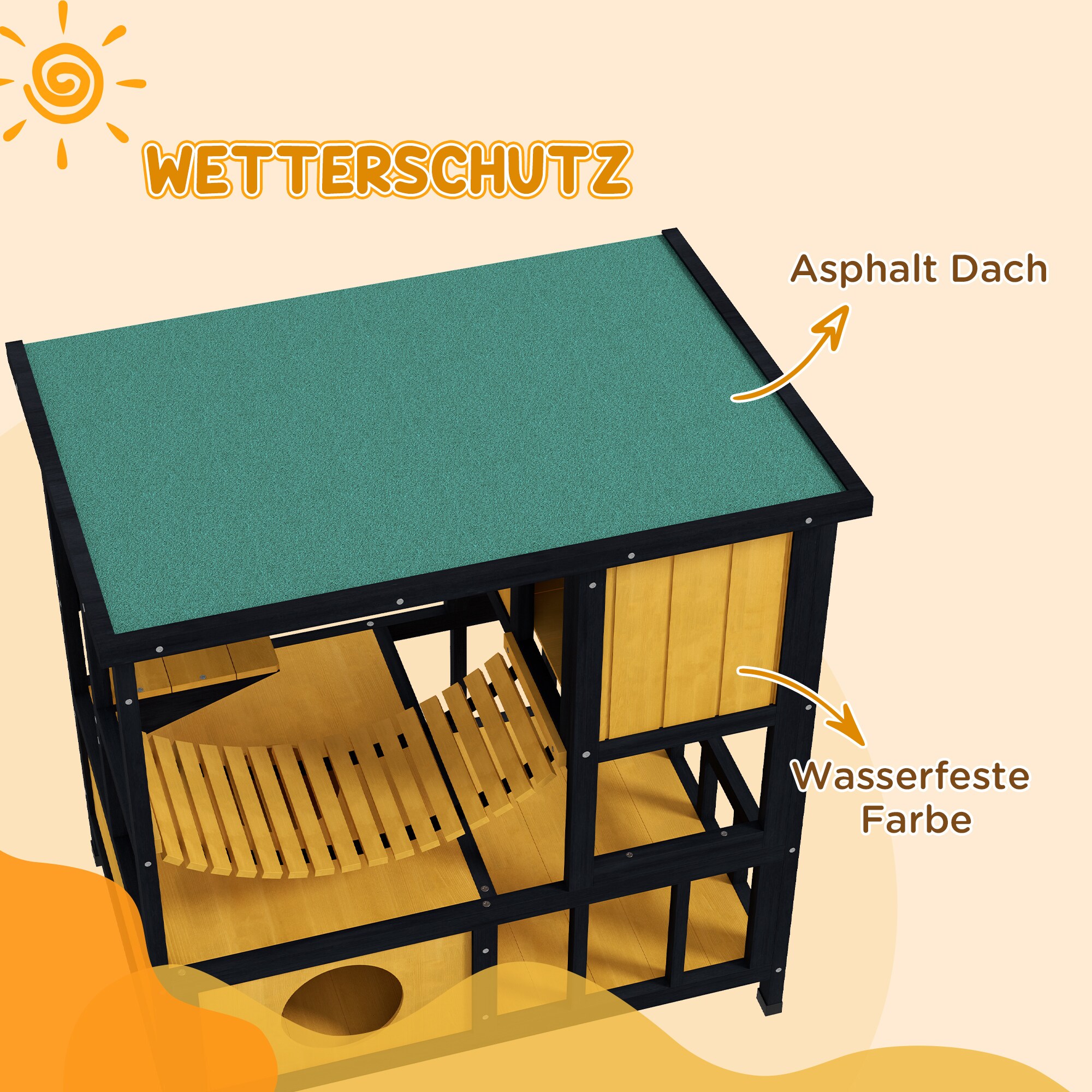PawHut Katzenhaus mit Zugbrücke natur 84,5L x 60B x 88H cm