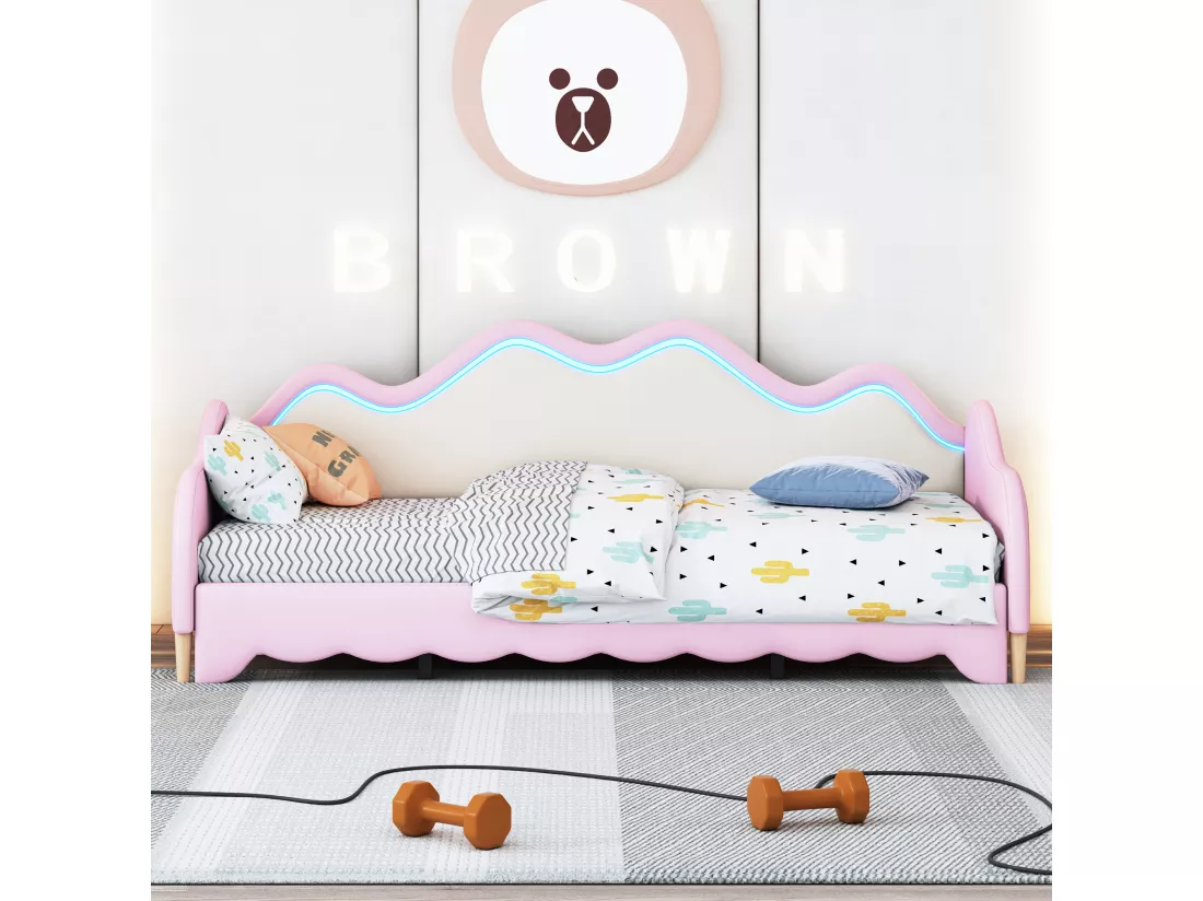 Lit gigogne 90/180 x 190 cm pour enfant - Canapé-lit - Cuir PU - LEDs - Rose