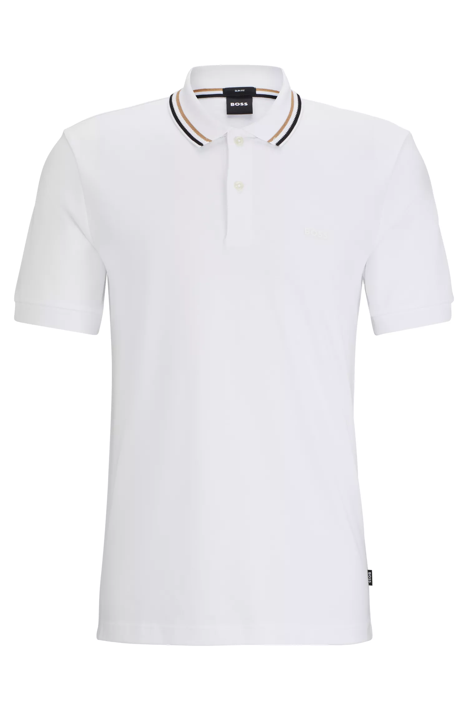 Camisa polo BOSS preta, corte slim, em algodão com gola listrada.