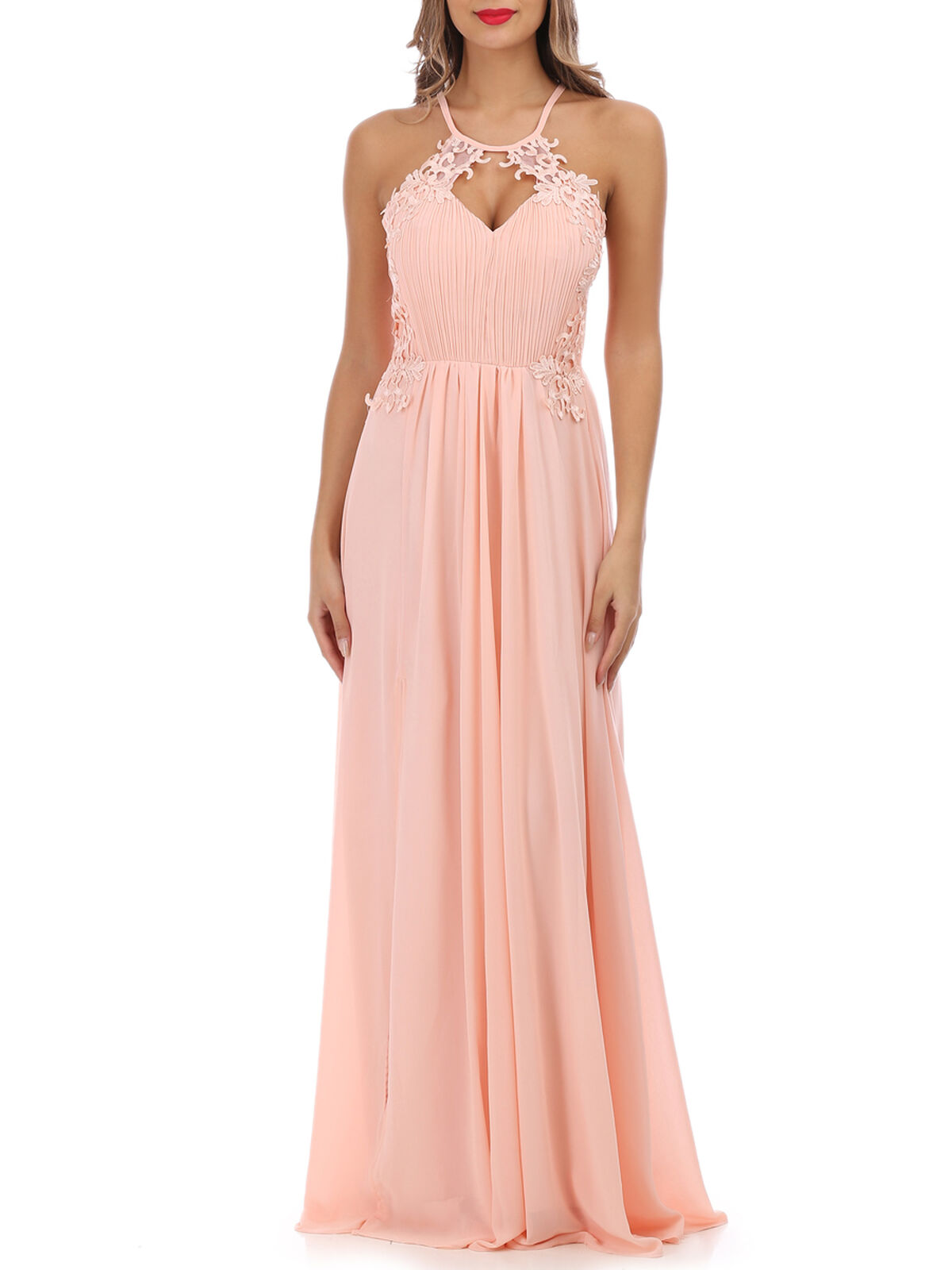 Robe longue fendue avec dentelle- Rose