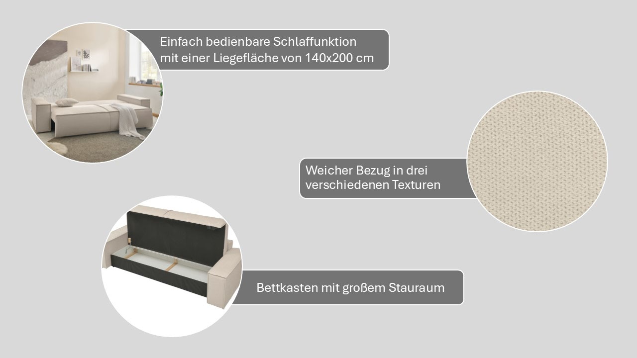 GOODproduct 3-Sitzer »FINNLEY, Schlafsofa 257 cm, Couch mit Schlaffunktion & Bettkasten« verfügbar in den Stoffqualitäten Bouclé, Struktur fein und Mega Cord