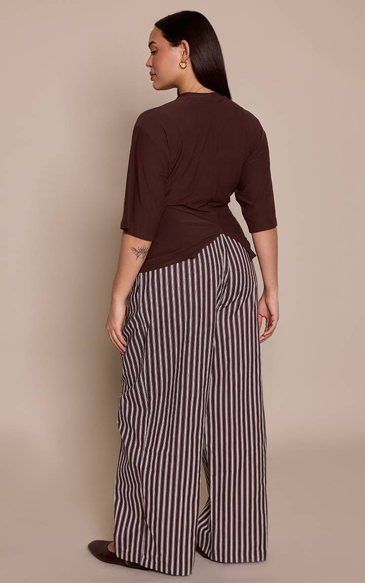 Chocolat Pantalon Grande Taille Droit Ajusté En Lin À Rayures