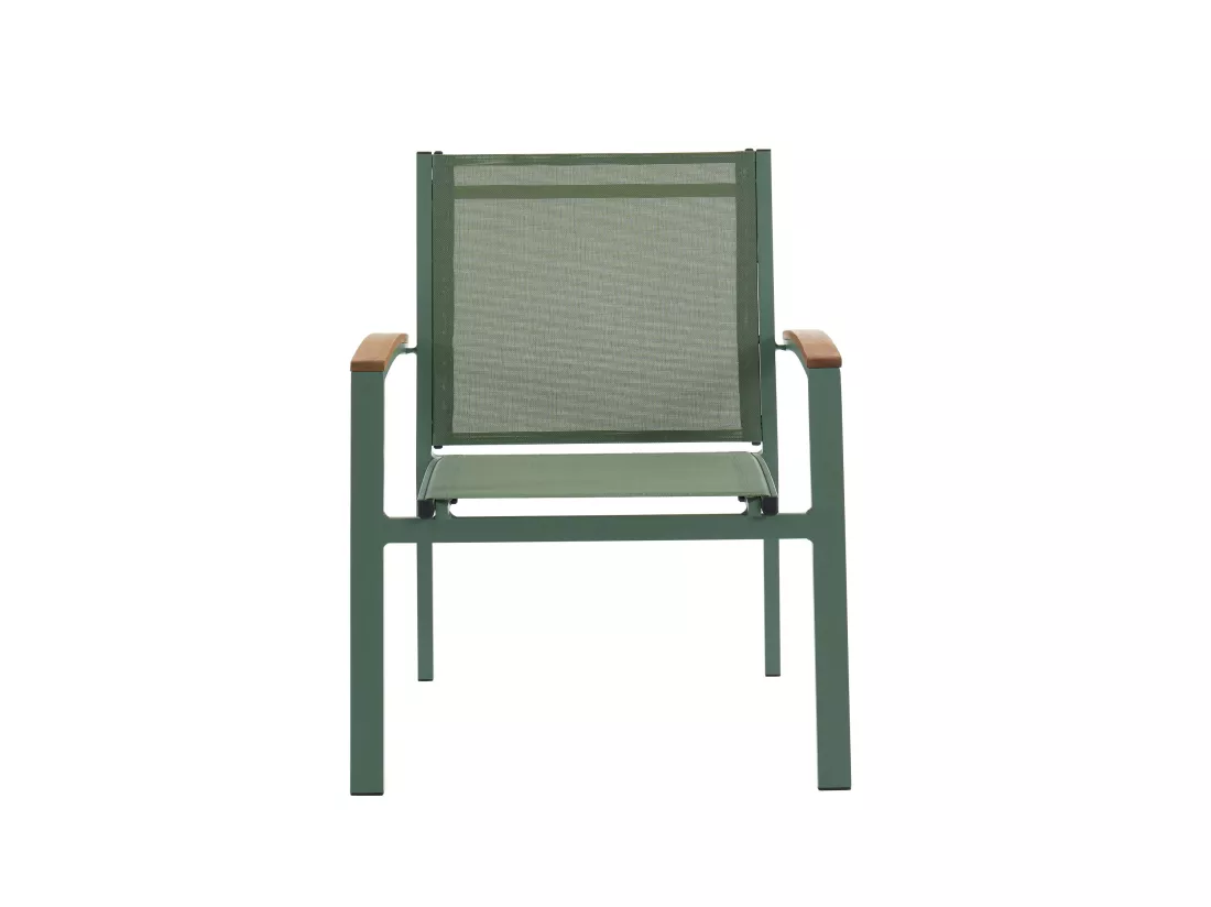 Salle à manger de jardin en aluminium : une table extensible L.180/240cm et 6 fauteuils empilables avec accoudoirs acacia - Vert amande - NAURU de MYLIA