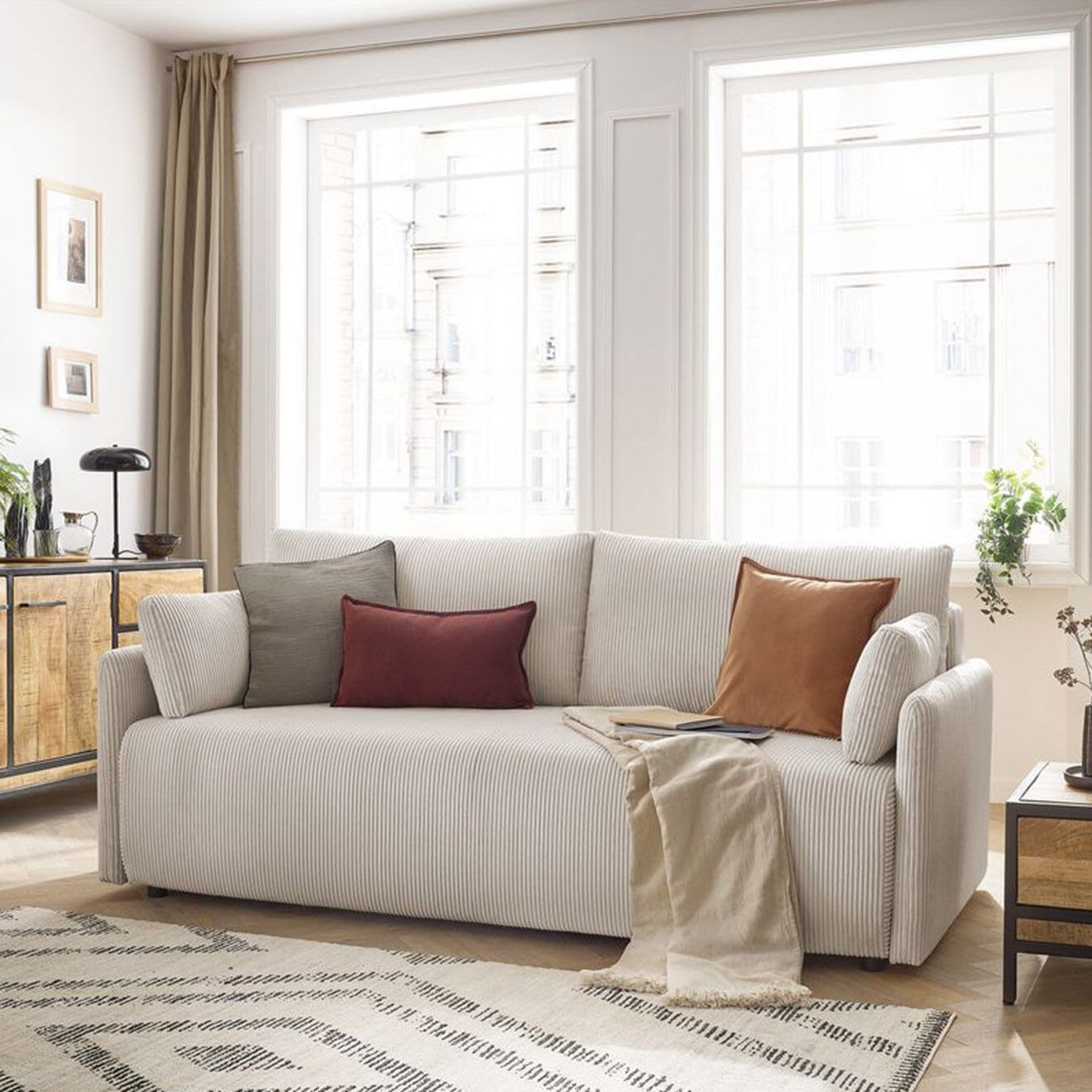 Bobochic Canapé convertible coffre marcel velours côtelé beige  - 211x100x86 cm