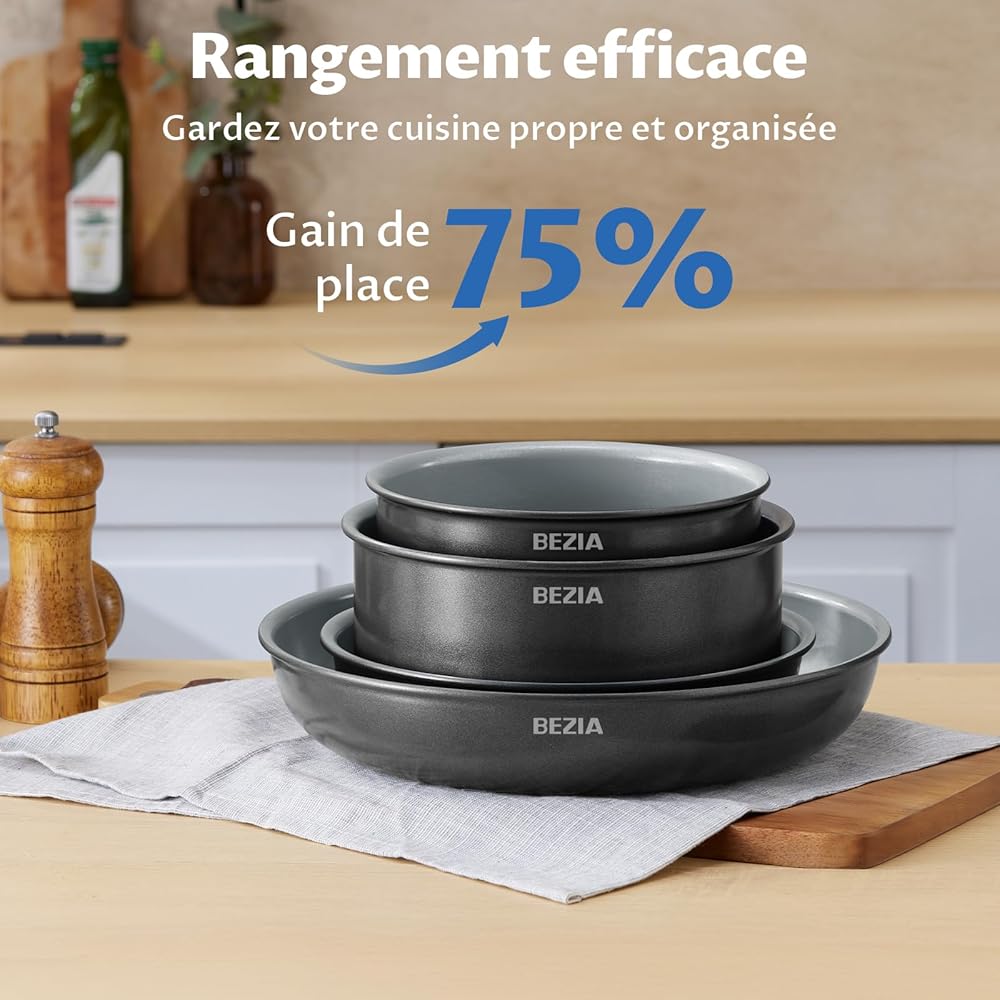 BEZIA Batterie de cuisine à induction avec revêtement en céramique sain, casseroles et poêles antiadhésives 10 pièces avec poignées amovibles, pour camping-car à induction avec poignées amovibles, : Cuisine et Maison