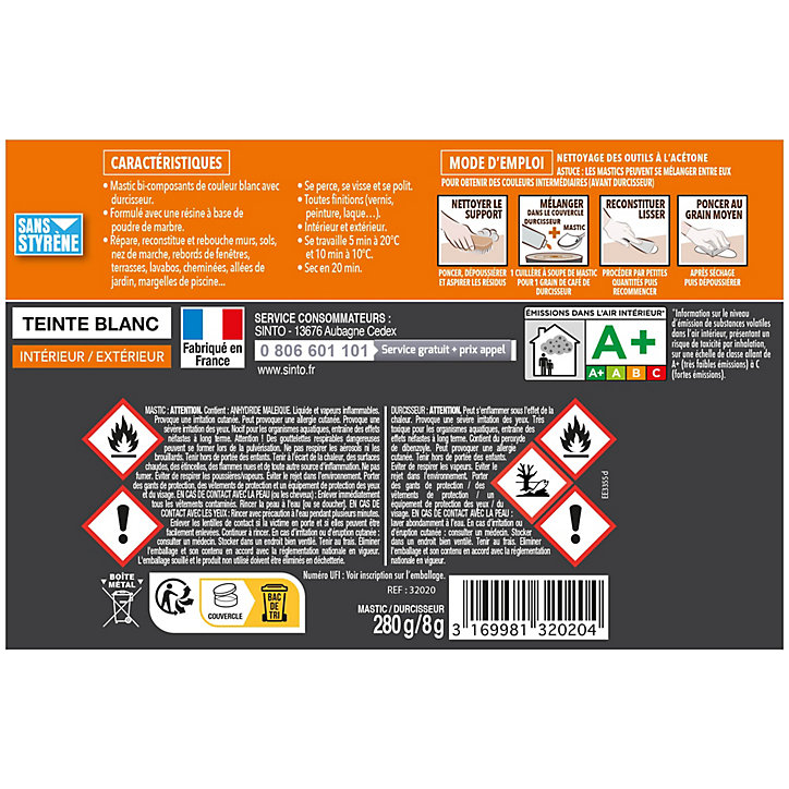 Mastic polyester Sintopierre blanc 170 ml