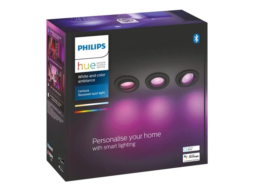 Philips Hue White and Color Ambiance Centura - Indlejret spotlys - LED-spot lyspære - GU10 - 5.7 W - 16 millioner farver/varmt hvidt til koldt hvidt lys - 2000-6500 K - sort (pakke med 3)